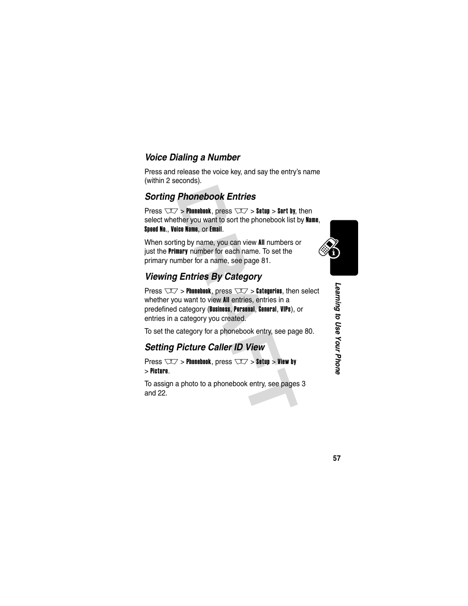 Dra f t | Motorola V600 GSM R3.6 User Manual | Page 58 / 121