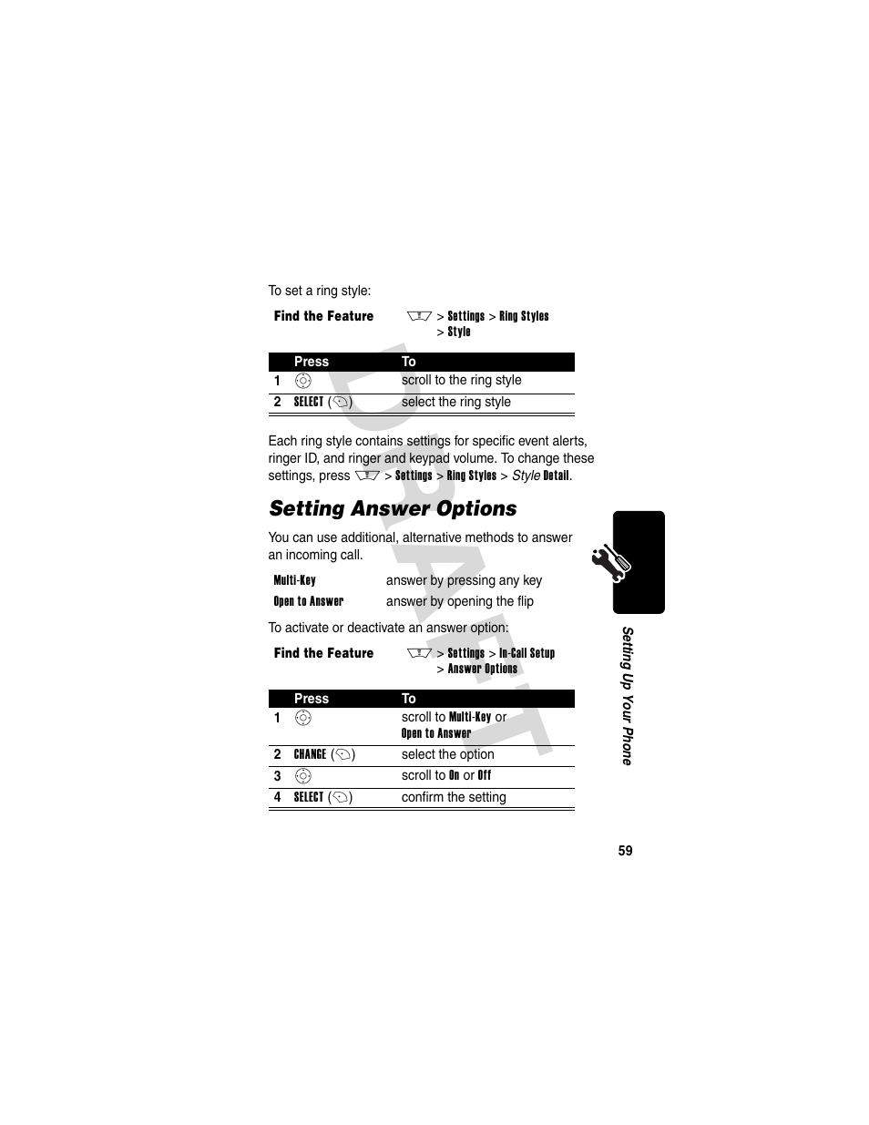 Setting answer options, Dra f t | Motorola V600 GSM R3.6 User Manual | Page 60 / 121