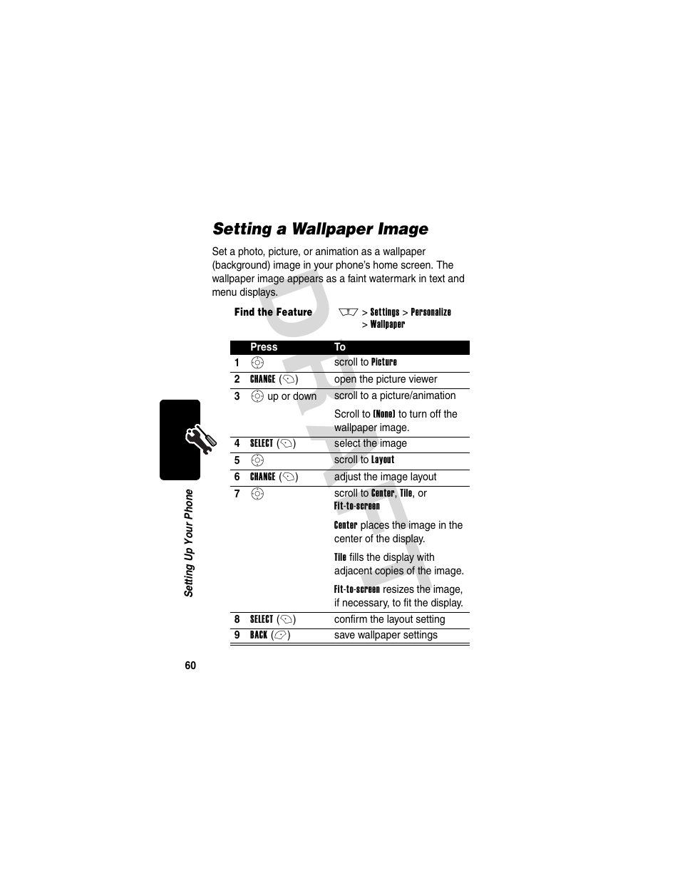 Setting a wallpaper image, Dra f t | Motorola V600 GSM R3.6 User Manual | Page 61 / 121