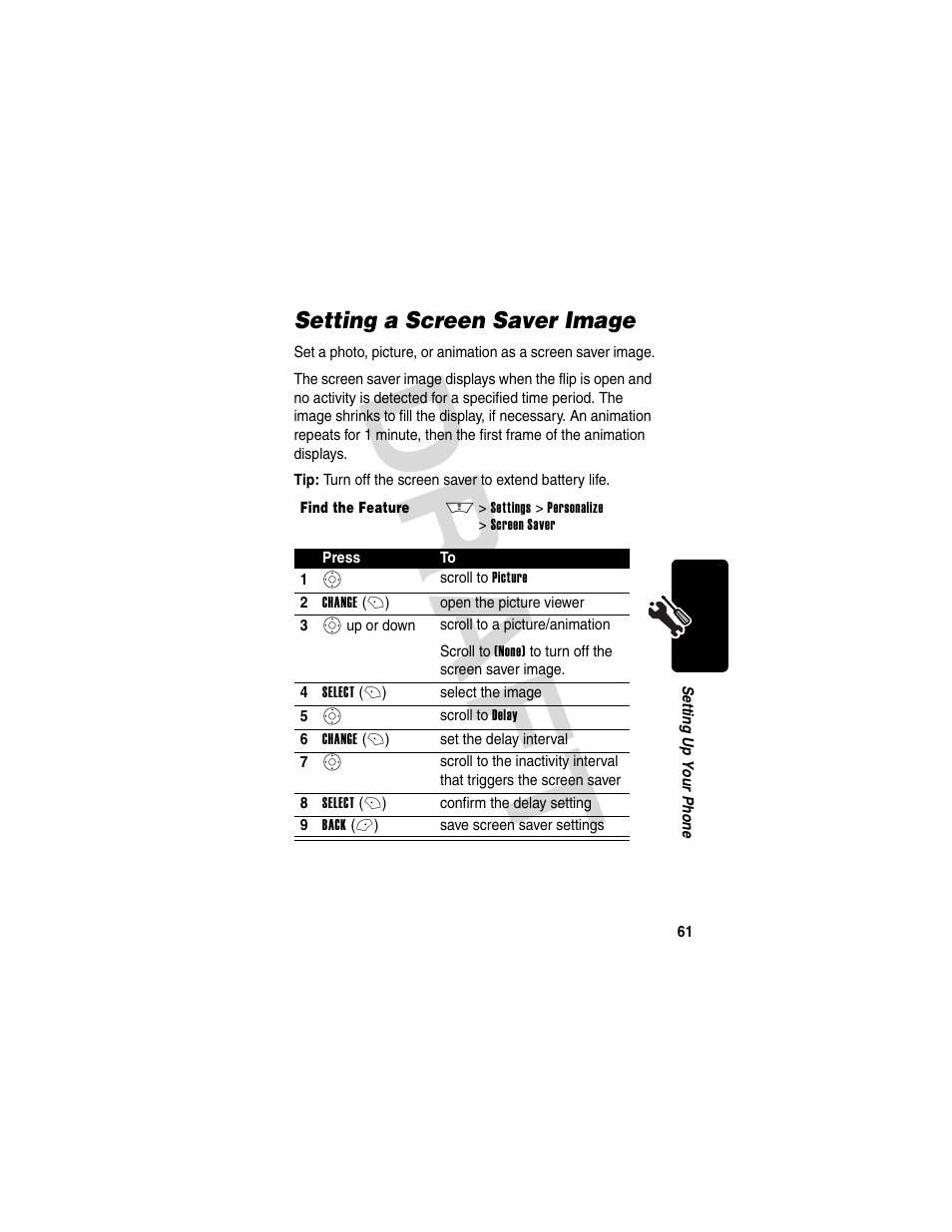 Setting a screen saver image, Dra f t | Motorola V600 GSM R3.6 User Manual | Page 62 / 121