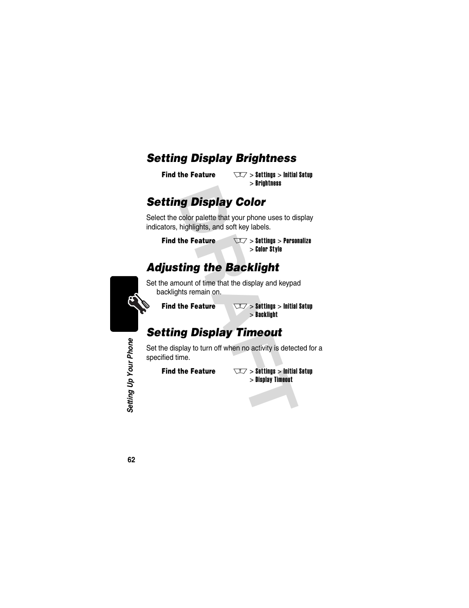 Setting display brightness, Setting display color, Adjusting the backlight | Setting display timeout, Dra f t | Motorola V600 GSM R3.6 User Manual | Page 63 / 121