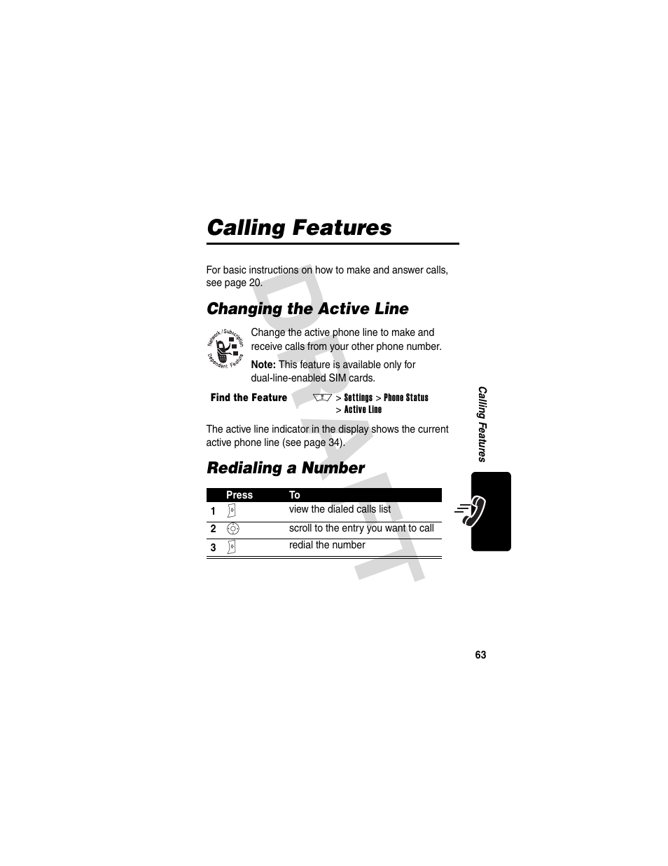 Calling features, Changing the active line, Redialing a number | Changing the active line redialing a number, Dra f t | Motorola V600 GSM R3.6 User Manual | Page 64 / 121