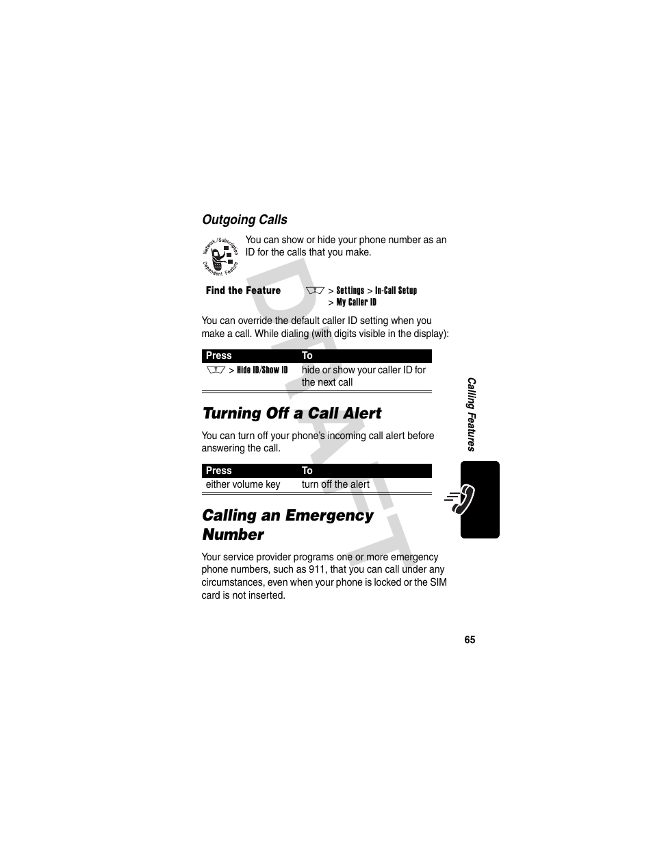 Turning off a call alert, Calling an emergency number, Dra f t | Motorola V600 GSM R3.6 User Manual | Page 66 / 121