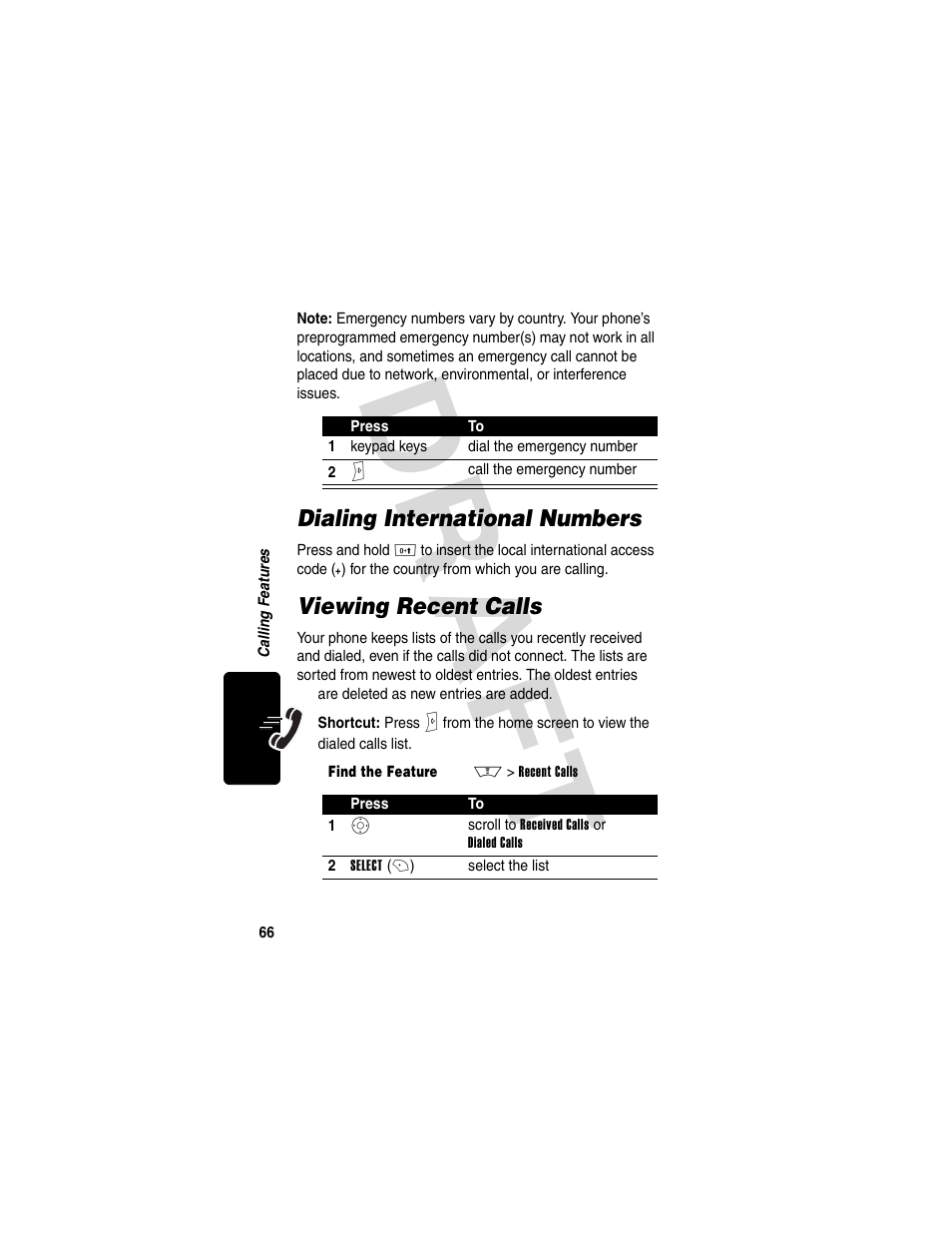 Dialing international numbers, Viewing recent calls, Dialing international numbers viewing recent calls | Dra f t | Motorola V600 GSM R3.6 User Manual | Page 67 / 121
