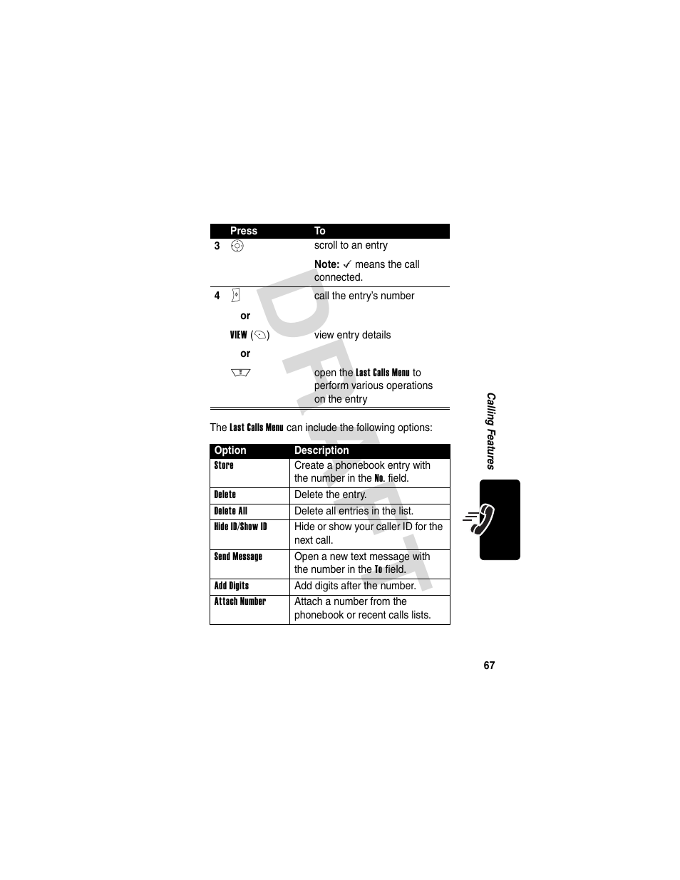 Dra f t | Motorola V600 GSM R3.6 User Manual | Page 68 / 121
