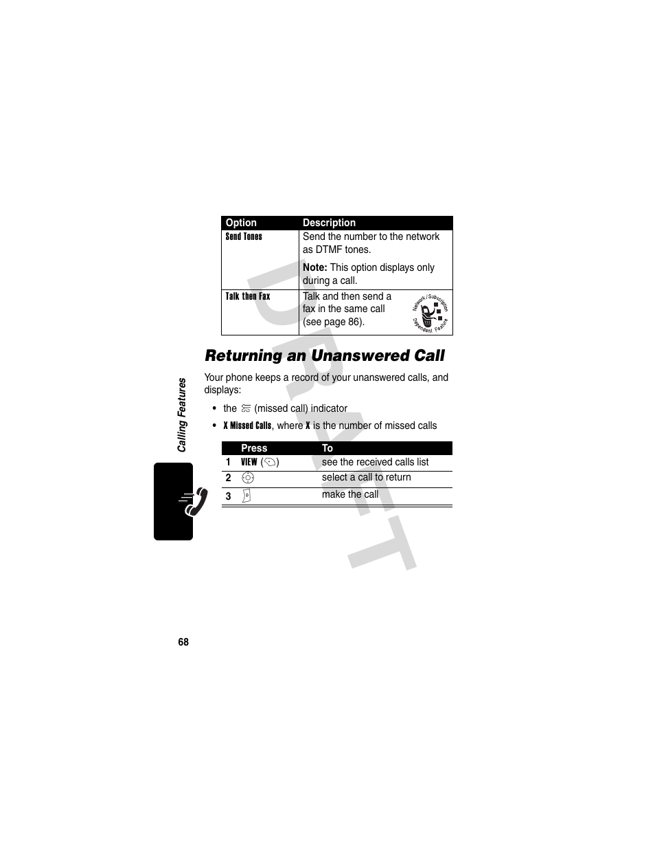 Returning an unanswered call, Dra f t | Motorola V600 GSM R3.6 User Manual | Page 69 / 121
