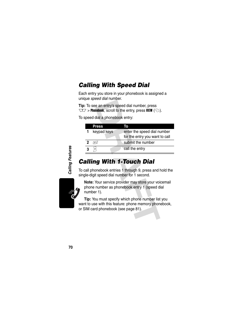Calling with speed dial, Calling with 1touch dial, Calling with speed dial calling with 1-touch dial | Dra f t | Motorola V600 GSM R3.6 User Manual | Page 71 / 121
