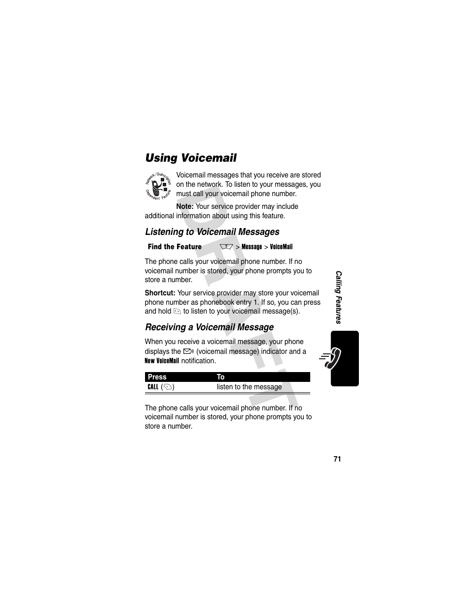 Using voicemail, Dra f t | Motorola V600 GSM R3.6 User Manual | Page 72 / 121