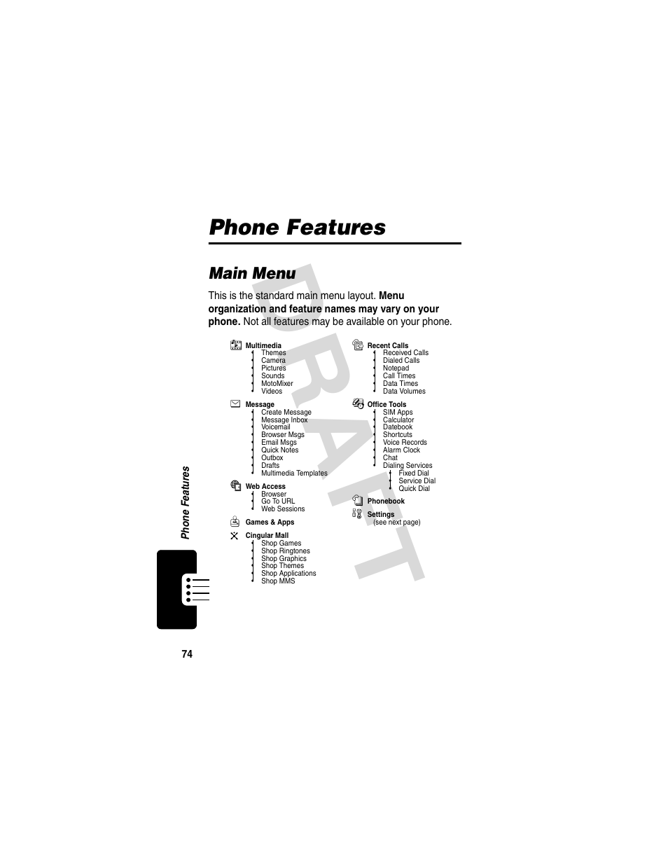 Phone features, Main menu, Dra f t | Motorola V600 GSM R3.6 User Manual | Page 75 / 121