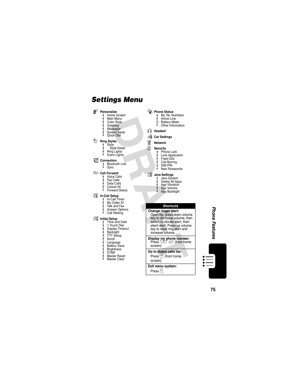 Settings menu, Dra f t | Motorola V600 GSM R3.6 User Manual | Page 76 / 121