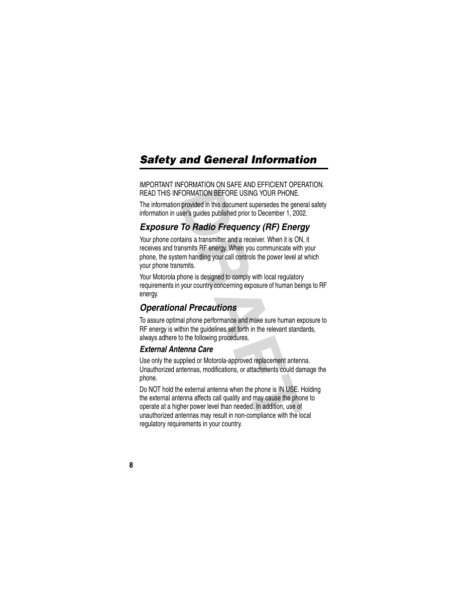 Safety and general information, Dra f t | Motorola V600 GSM R3.6 User Manual | Page 9 / 121