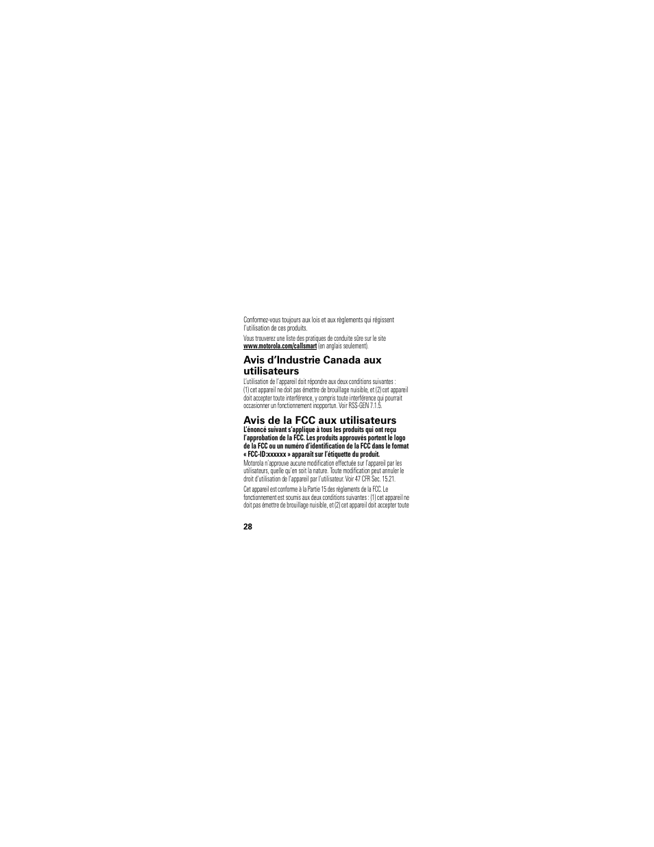 Avis d’industrie canada, Avis de la fcc, Avis d’industrie canada aux utilisateurs | Avis de la fcc aux utilisateurs | Motorola 68000202346-A User Manual | Page 112 / 128