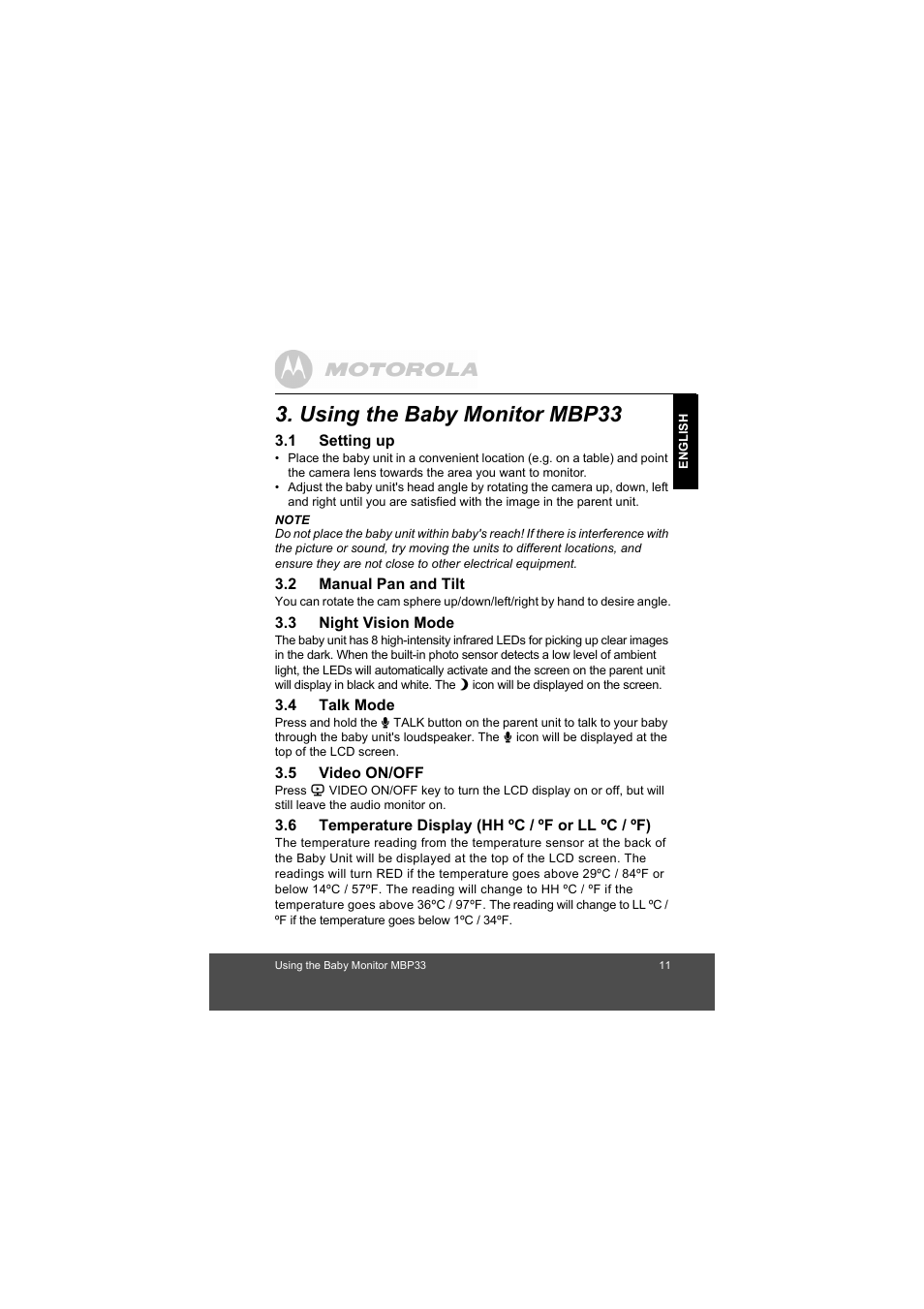 Using the baby monitor mbp33, Setting up, Manual pan and tilt | Night vision mode, Talk mode, Video on/off | Motorola MBP33 User Manual | Page 11 / 28