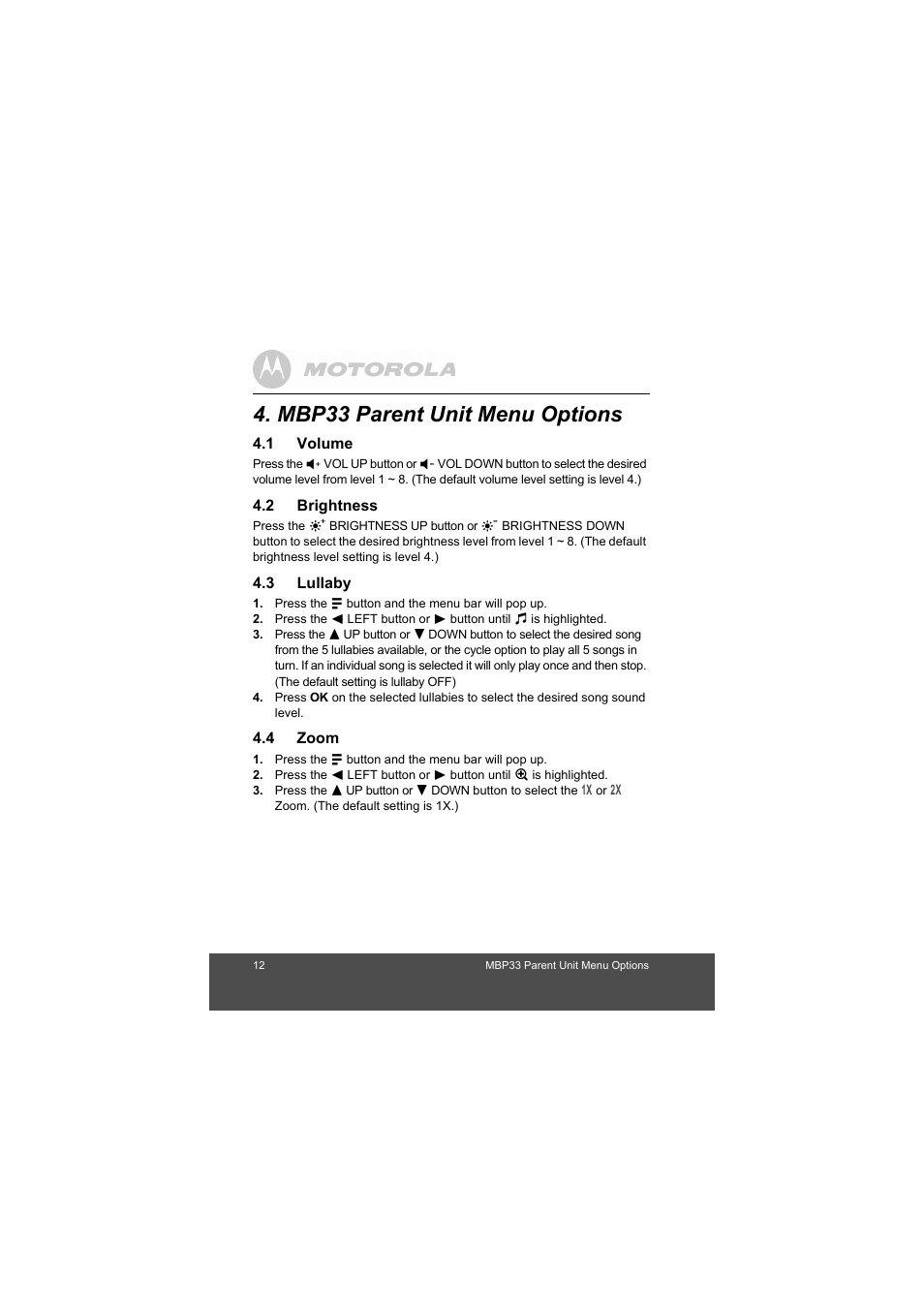 Mbp33 parent unit menu options, Volume, Brightness | Lullaby, Zoom | Motorola MBP33 User Manual | Page 12 / 28