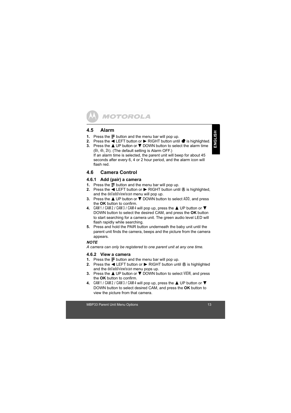 Alarm, Camera control, Add (pair) a camera | View a camera | Motorola MBP33 User Manual | Page 13 / 28
