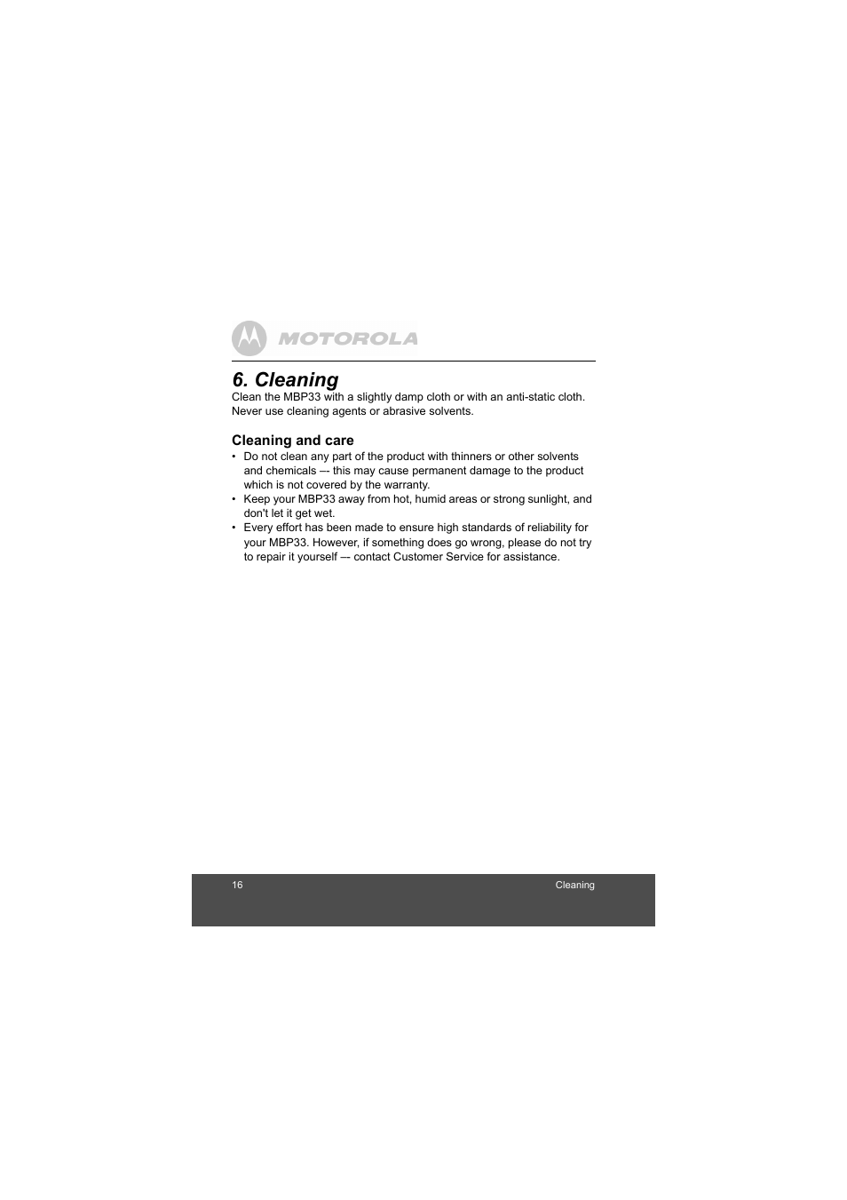 Cleaning | Motorola MBP33 User Manual | Page 16 / 28