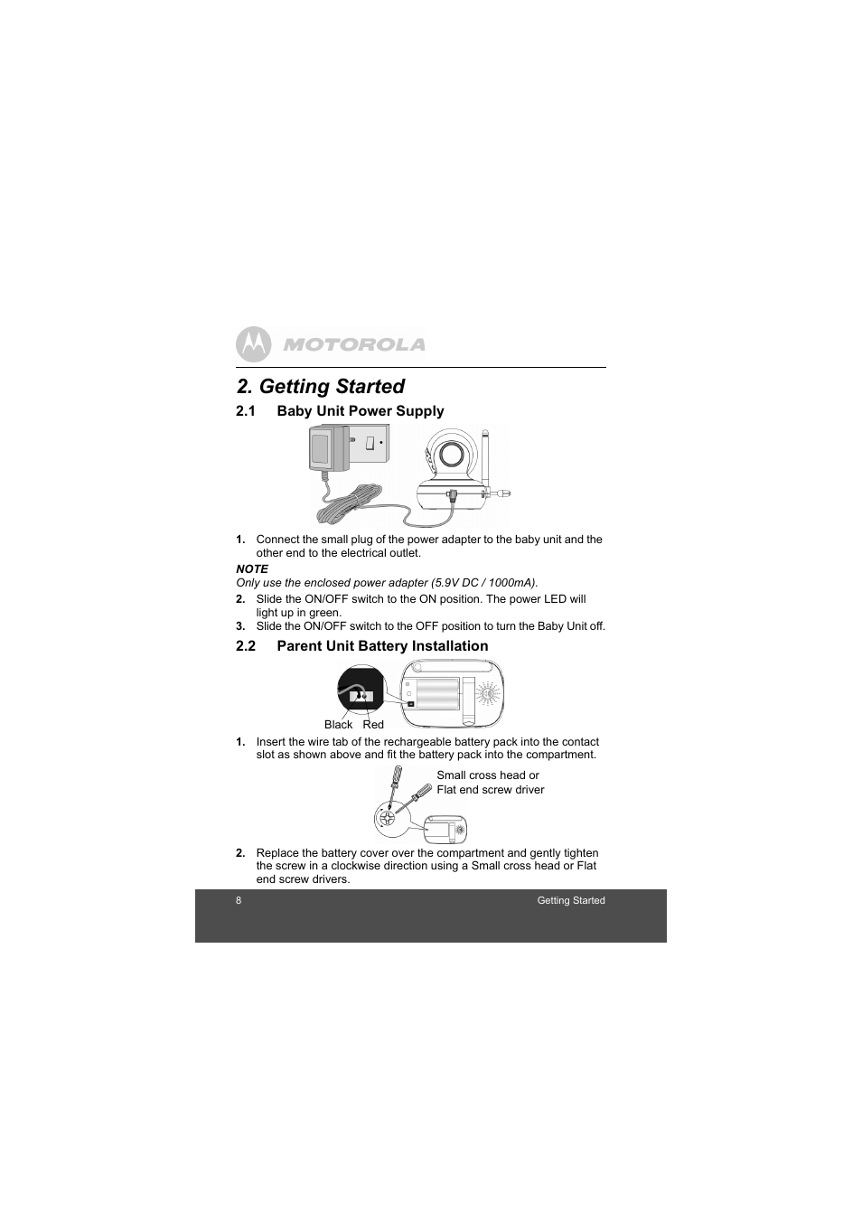 Getting started, Baby unit power supply | Motorola MBP33 User Manual | Page 8 / 28