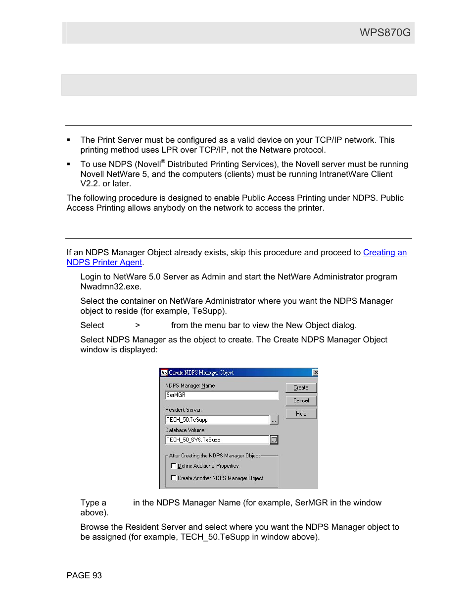 Appendix d: netware, Overview, Creating an ndps manager object | User guide wps870g | Motorola WPS870G User Manual | Page 100 / 115