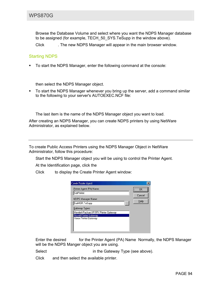 Starting ndps, Creating an ndps printer agent, Wps870g user guide | Motorola WPS870G User Manual | Page 101 / 115