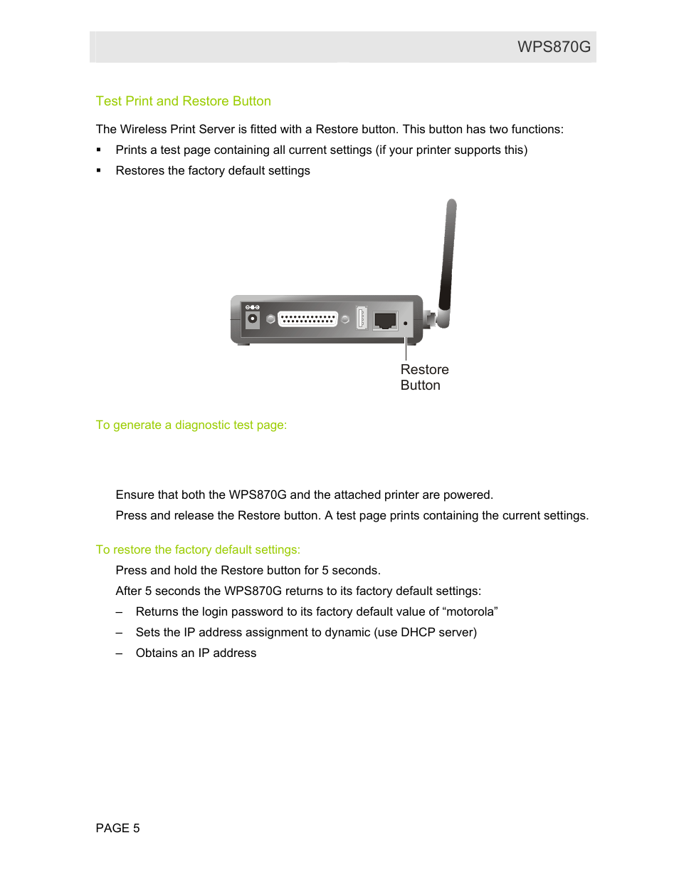 Test print and restore button, To restore the factory default settings, For further infor | User guide wps870g | Motorola WPS870G User Manual | Page 12 / 115