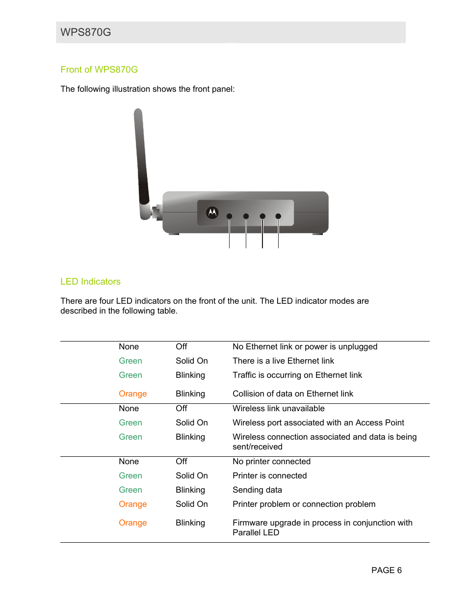 Front of wps870g, Led indicators, Wps870g user guide | Motorola WPS870G User Manual | Page 13 / 115