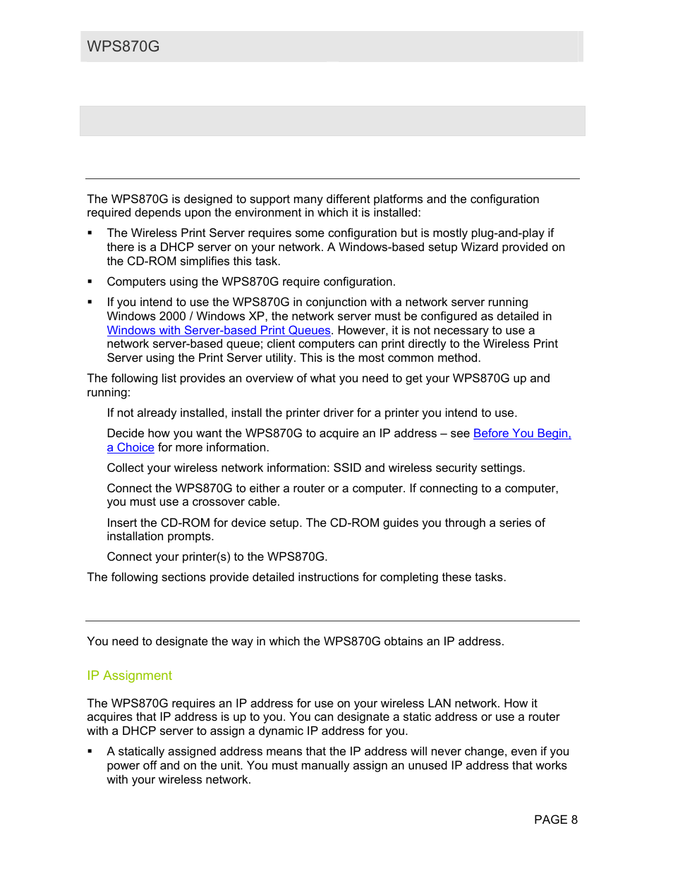 Section 2: installation, Overview, Before you begin, a choice | Ip assignment, Section 2:installation, Wps870g user guide | Motorola WPS870G User Manual | Page 15 / 115