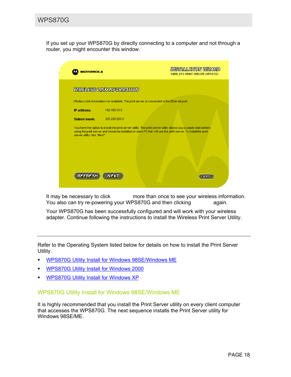 Wireless print server utility installation | Motorola WPS870G User Manual | Page 25 / 115