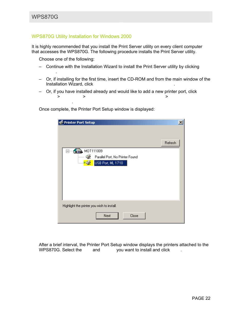 Wps870g utility installation for windows 2000, Wps870g utility install for windows 2000, Wps870g user guide | Motorola WPS870G User Manual | Page 29 / 115