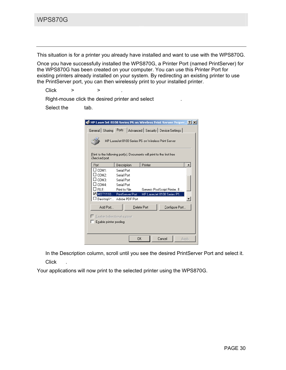 Existing printer driver configuration | Motorola WPS870G User Manual | Page 37 / 115