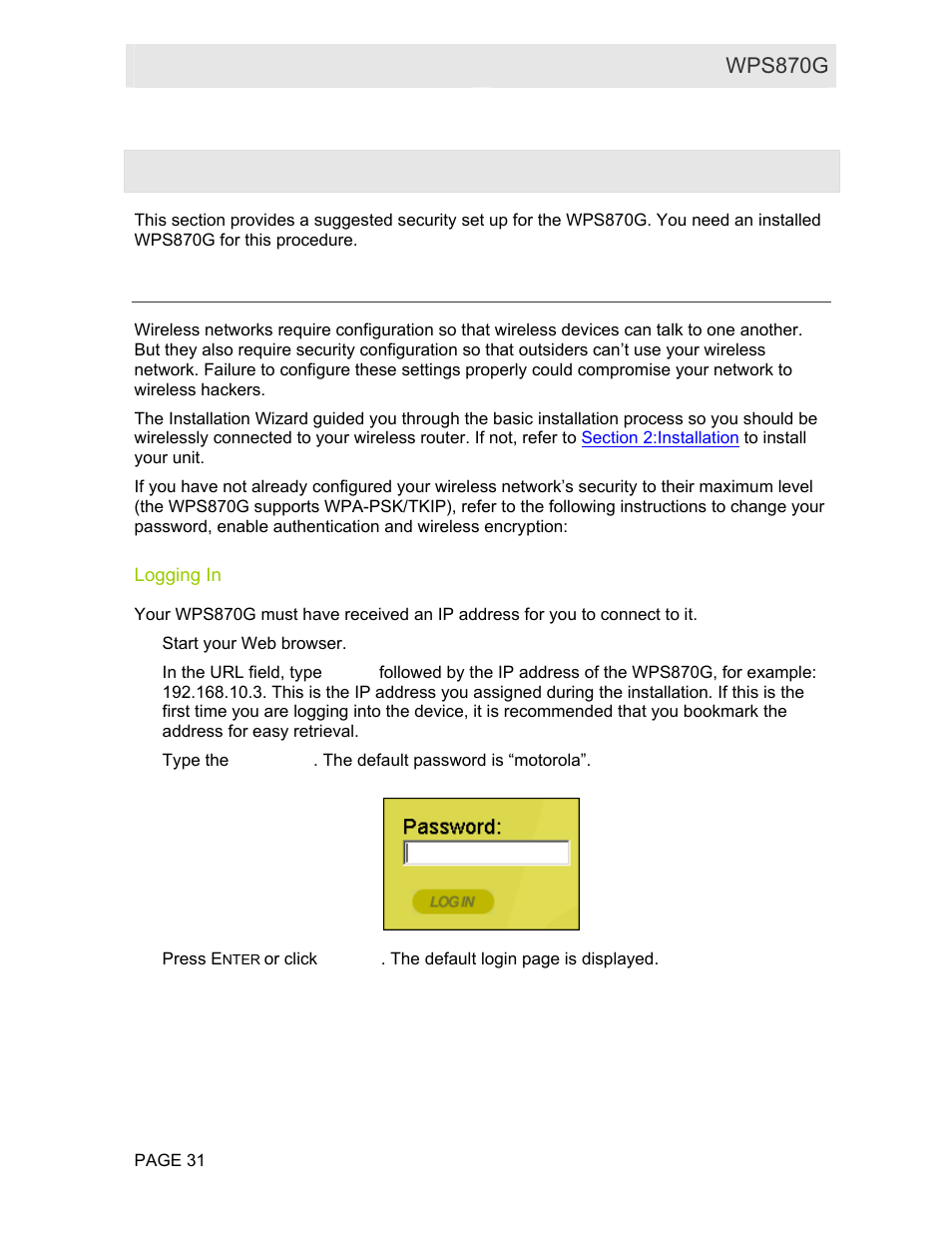 Section 3: wireless security configuration, Overview, Logging in | Section 3, Wireless security configuration, N. see, For configuring th | Motorola WPS870G User Manual | Page 38 / 115