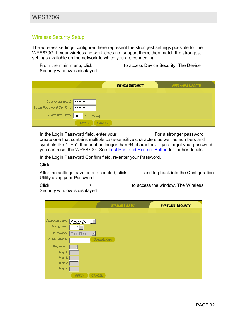 Wireless security setup | Motorola WPS870G User Manual | Page 39 / 115