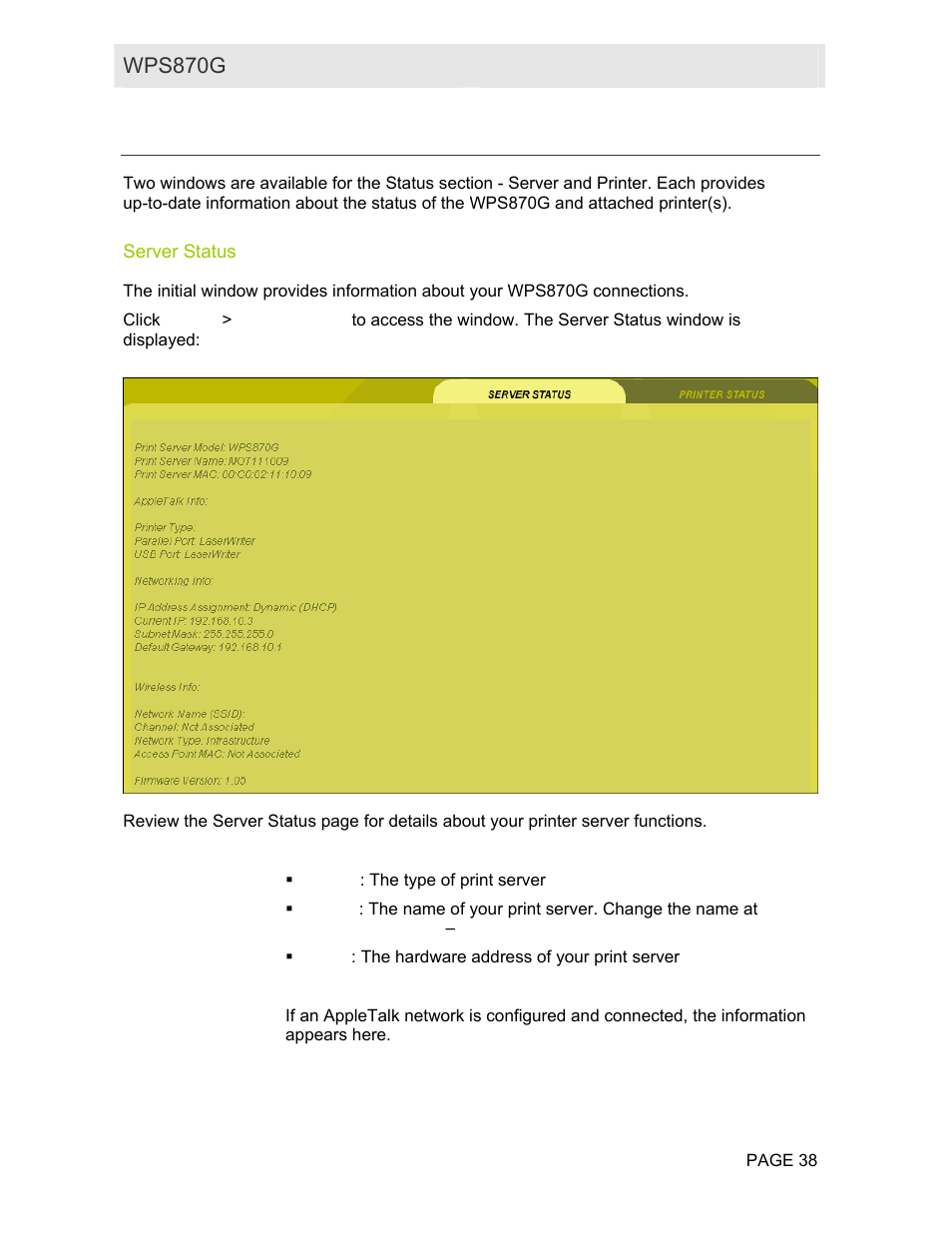 Status, Server status | Motorola WPS870G User Manual | Page 45 / 115