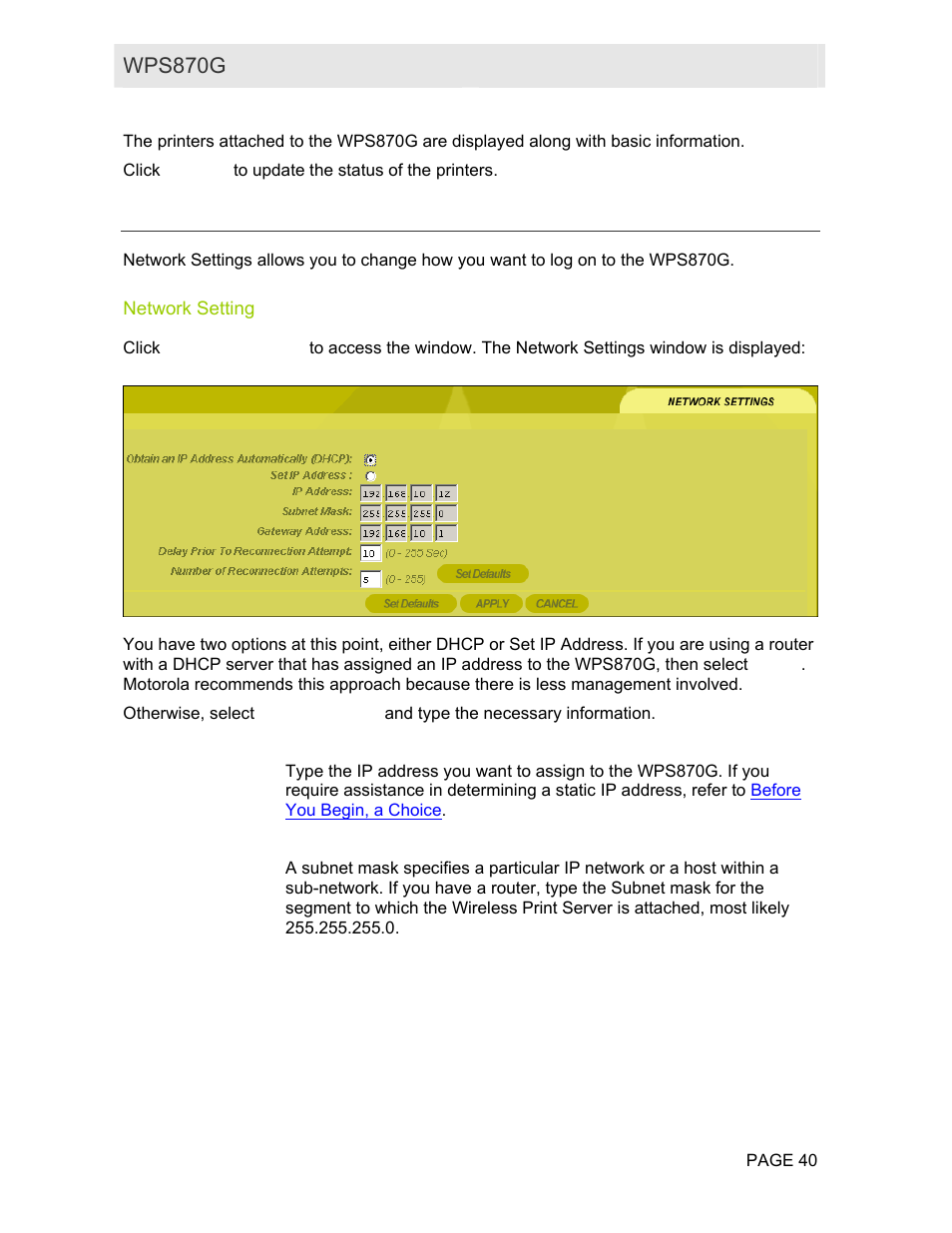 Network settings, Network setting | Motorola WPS870G User Manual | Page 47 / 115