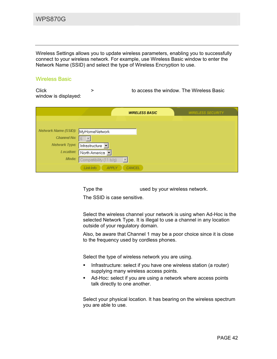 Wireless settings, Wireless basic, Wps870g user guide | Motorola WPS870G User Manual | Page 49 / 115
