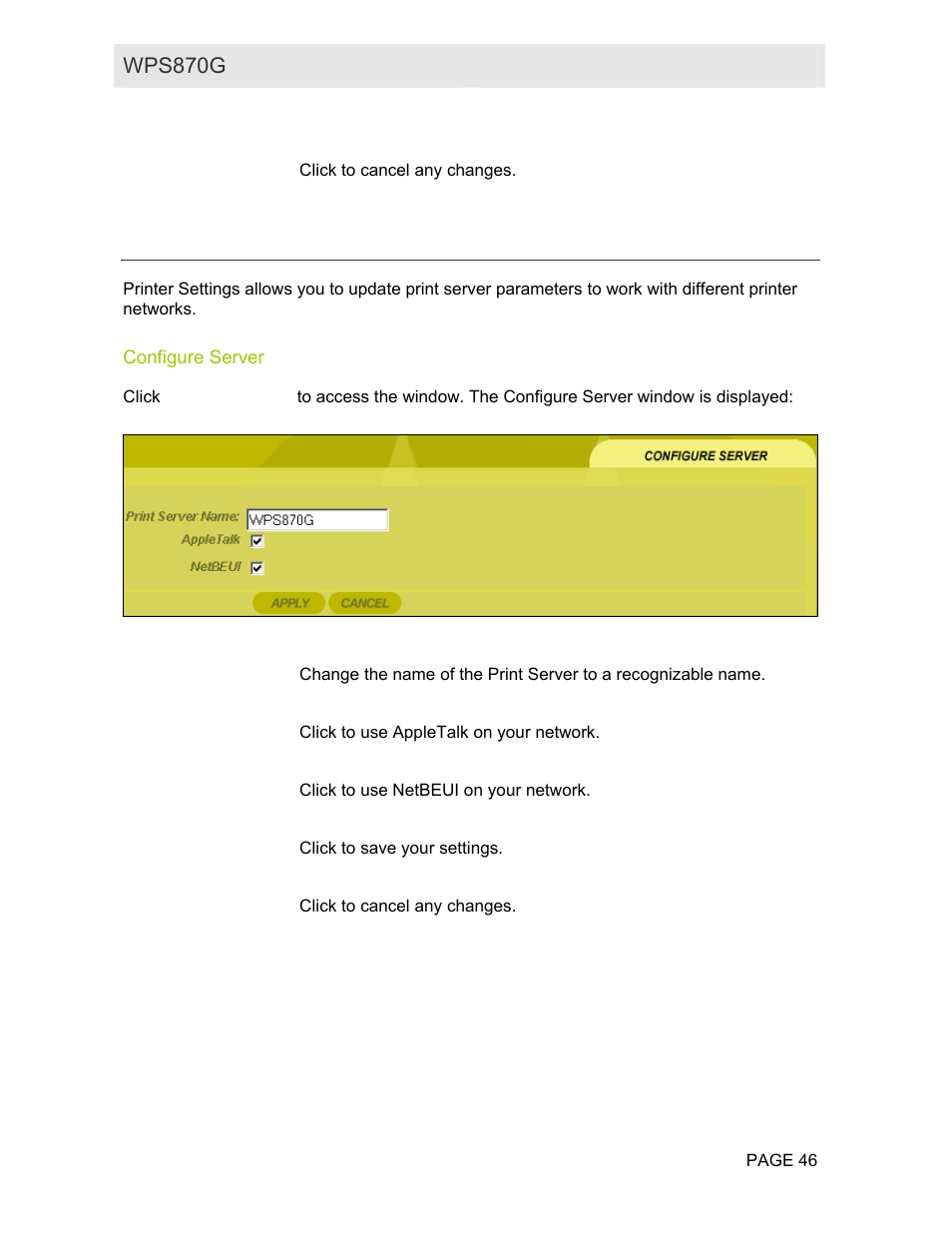 Printer settings, Configure server, Wps870g user guide | Motorola WPS870G User Manual | Page 53 / 115