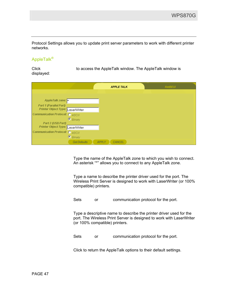 Protocol settings, Appletalk, User guide wps870g | Motorola WPS870G User Manual | Page 54 / 115