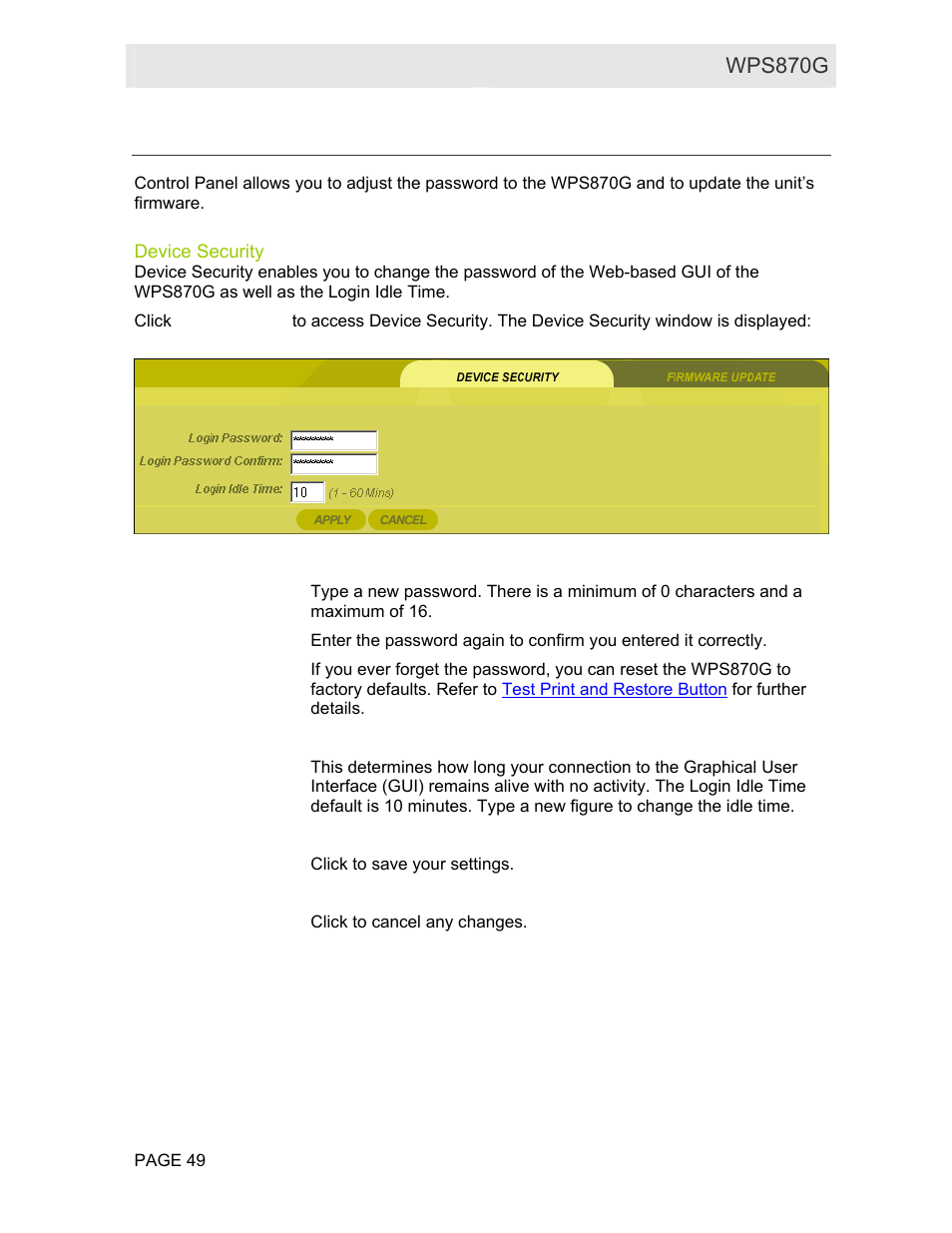 Control panel, Device security | Motorola WPS870G User Manual | Page 56 / 115