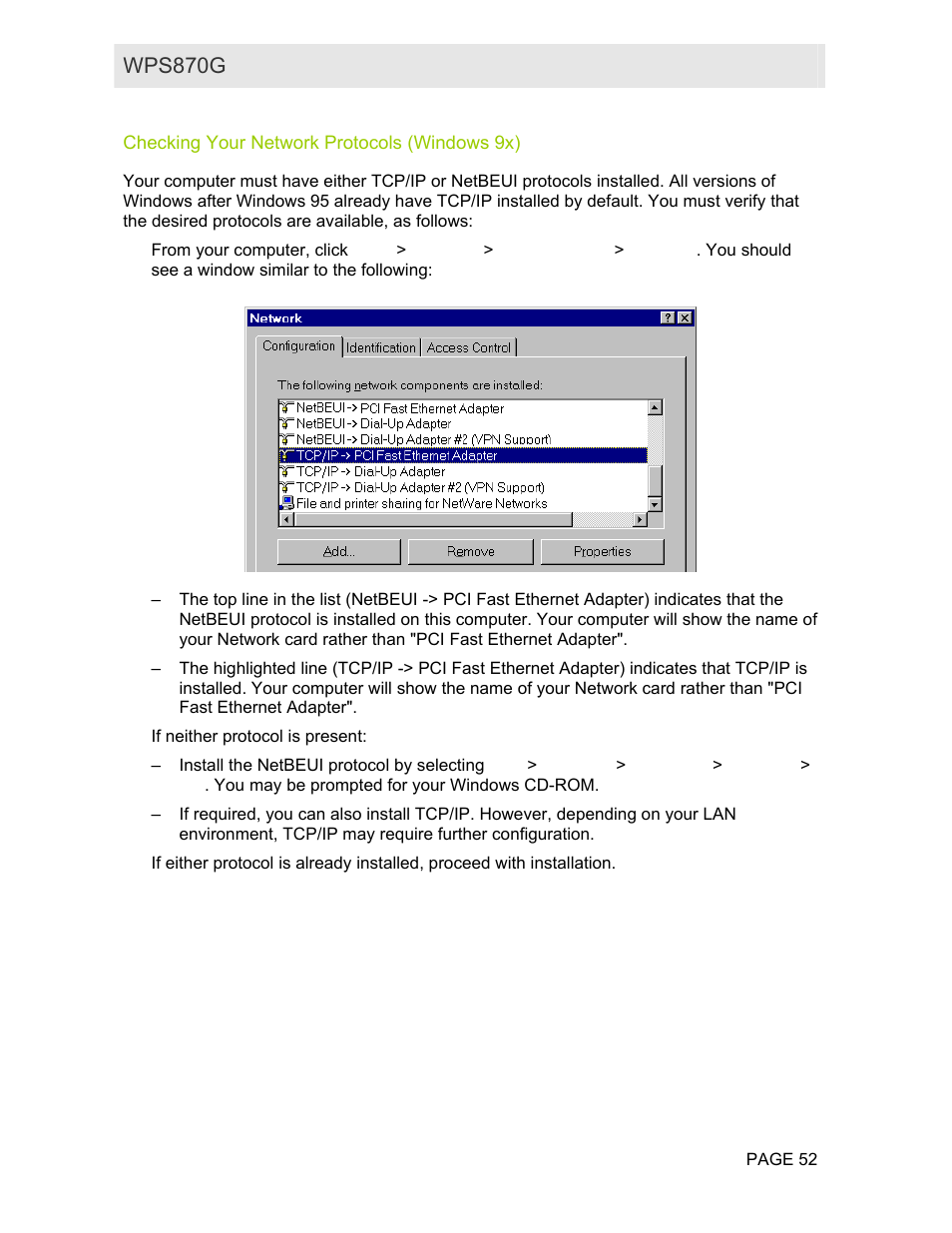 Checking your network protocols (windows 9x) | Motorola WPS870G User Manual | Page 59 / 115