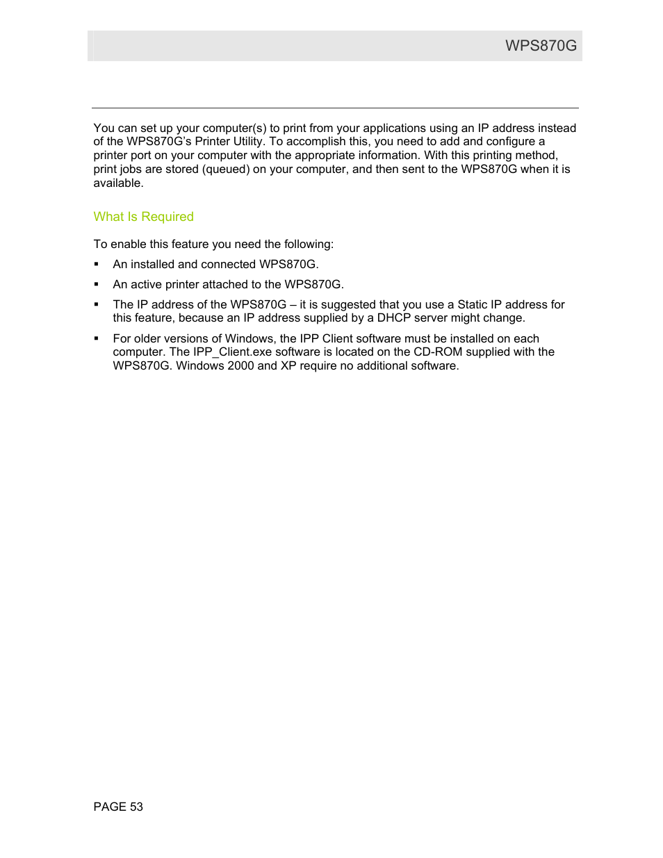 Windows ip printing, What is required | Motorola WPS870G User Manual | Page 60 / 115
