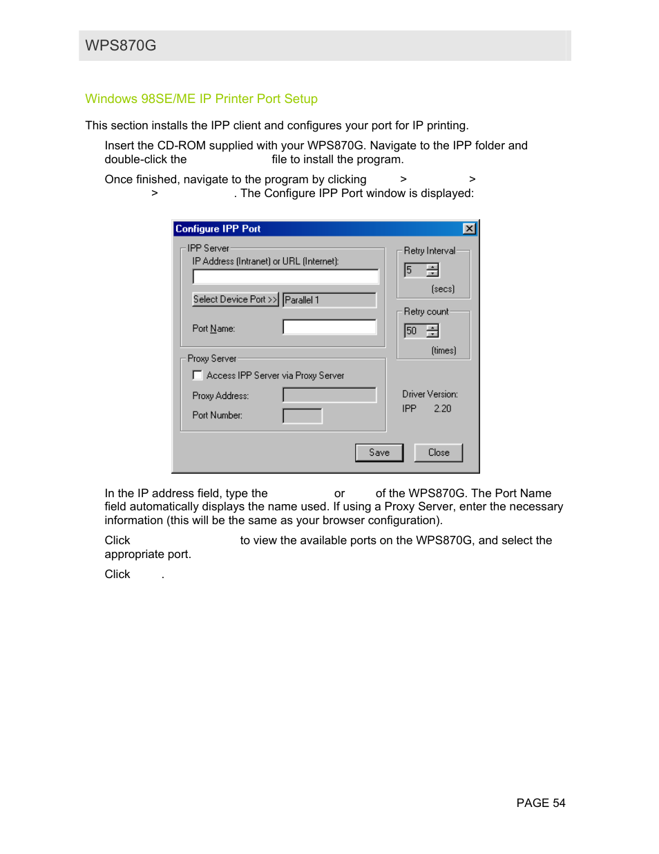 Windows 98se/me ip printer port setup | Motorola WPS870G User Manual | Page 61 / 115