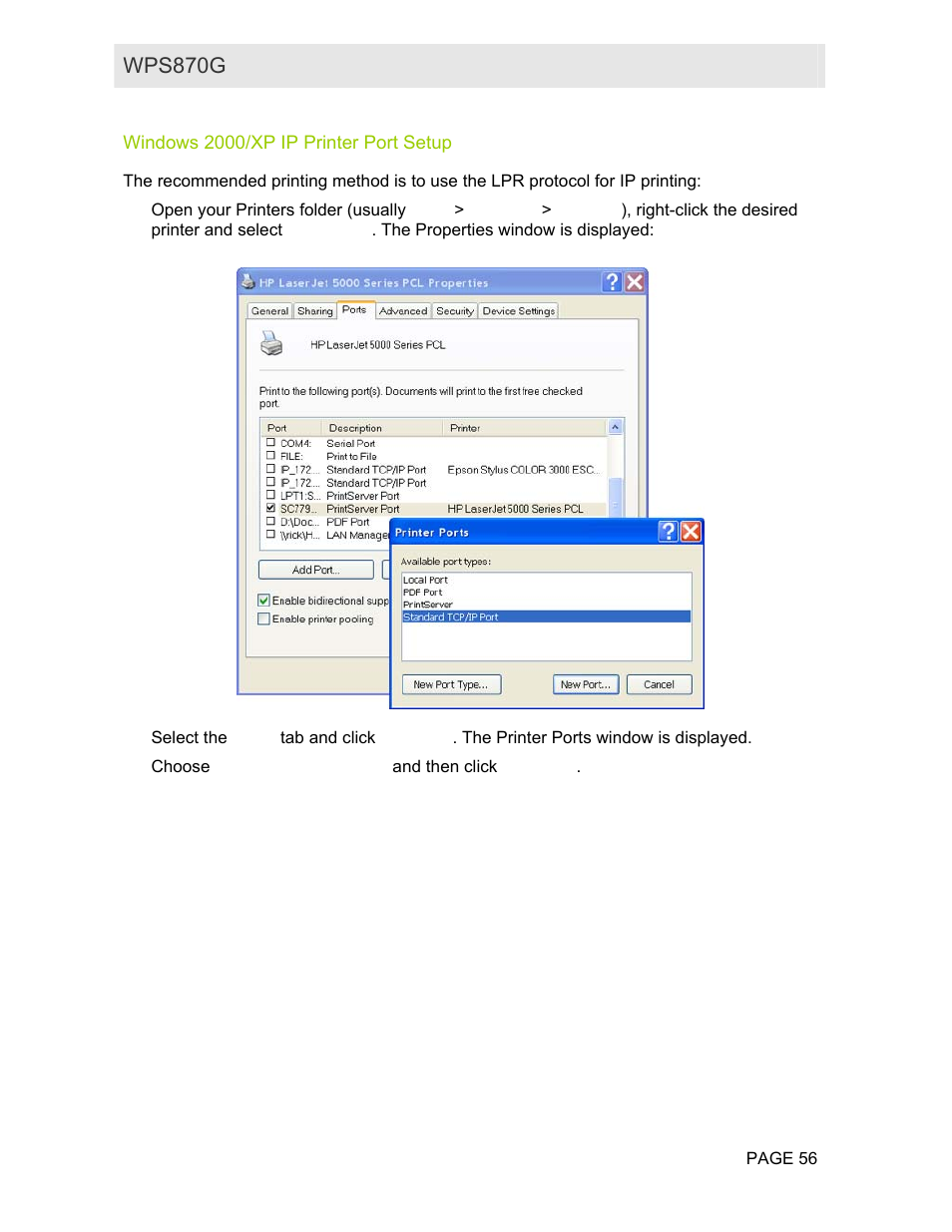 Windows 2000/xp ip printer port setup | Motorola WPS870G User Manual | Page 63 / 115