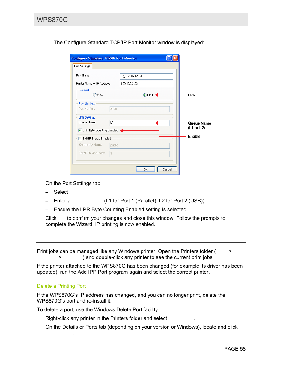 Print jobs management, Delete a printing port, Wps870g user guide | Motorola WPS870G User Manual | Page 65 / 115
