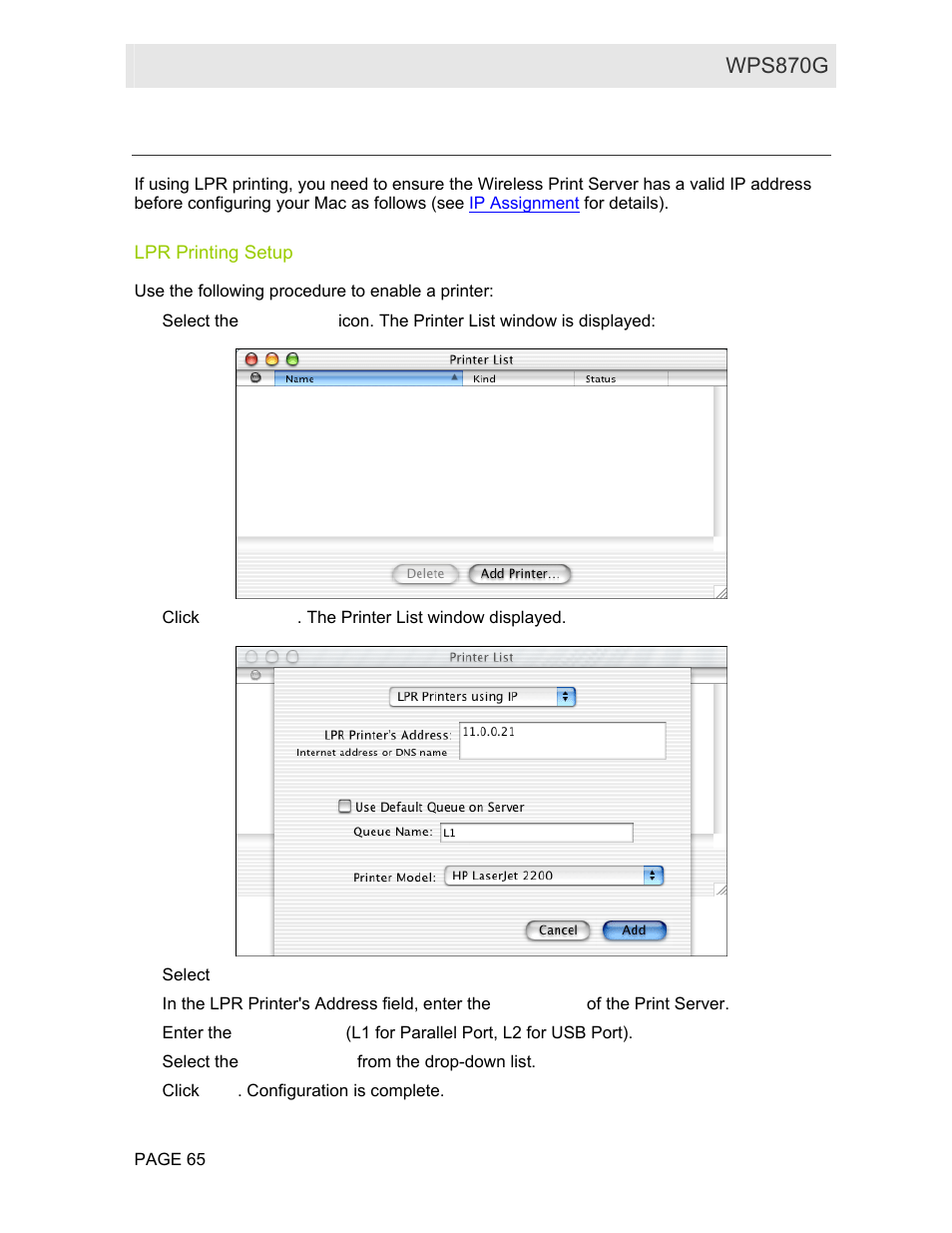 Macintosh os x, Lpr printing setup | Motorola WPS870G User Manual | Page 72 / 115