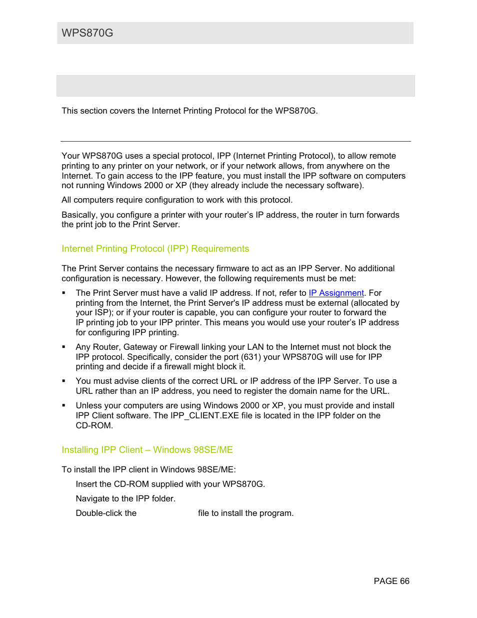 Section 6: internet printing protocol (ipp), Overview, Internet printing protocol (ipp) requirements | Installing ipp client – windows 98se/me | Motorola WPS870G User Manual | Page 73 / 115