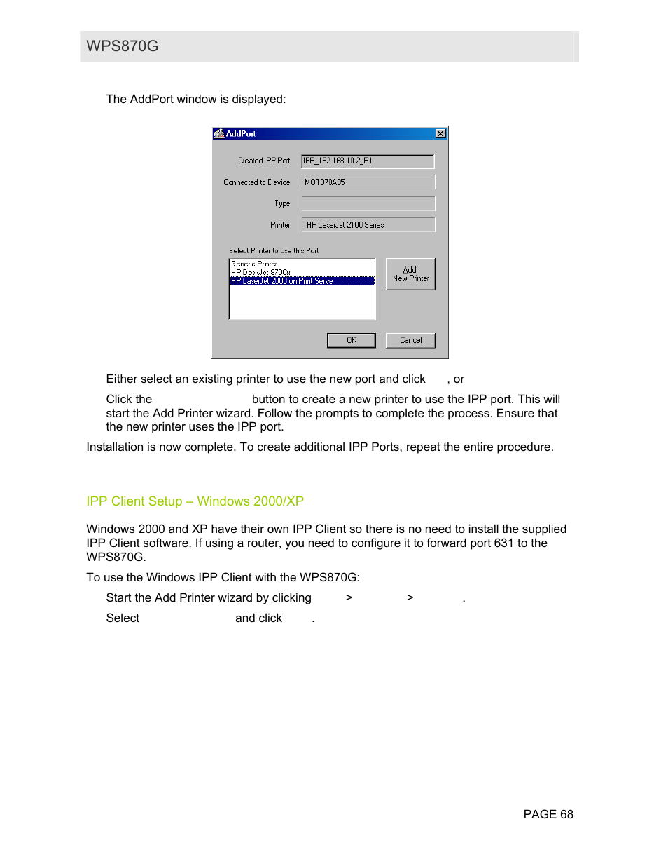 Ipp client setup – windows 2000/xp | Motorola WPS870G User Manual | Page 75 / 115