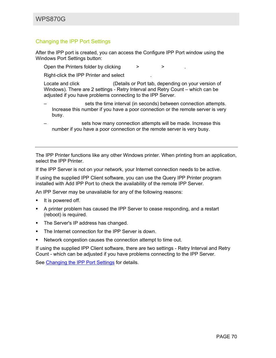Changing the ipp port settings, Using ipp printers, Wps870g user guide | Motorola WPS870G User Manual | Page 77 / 115