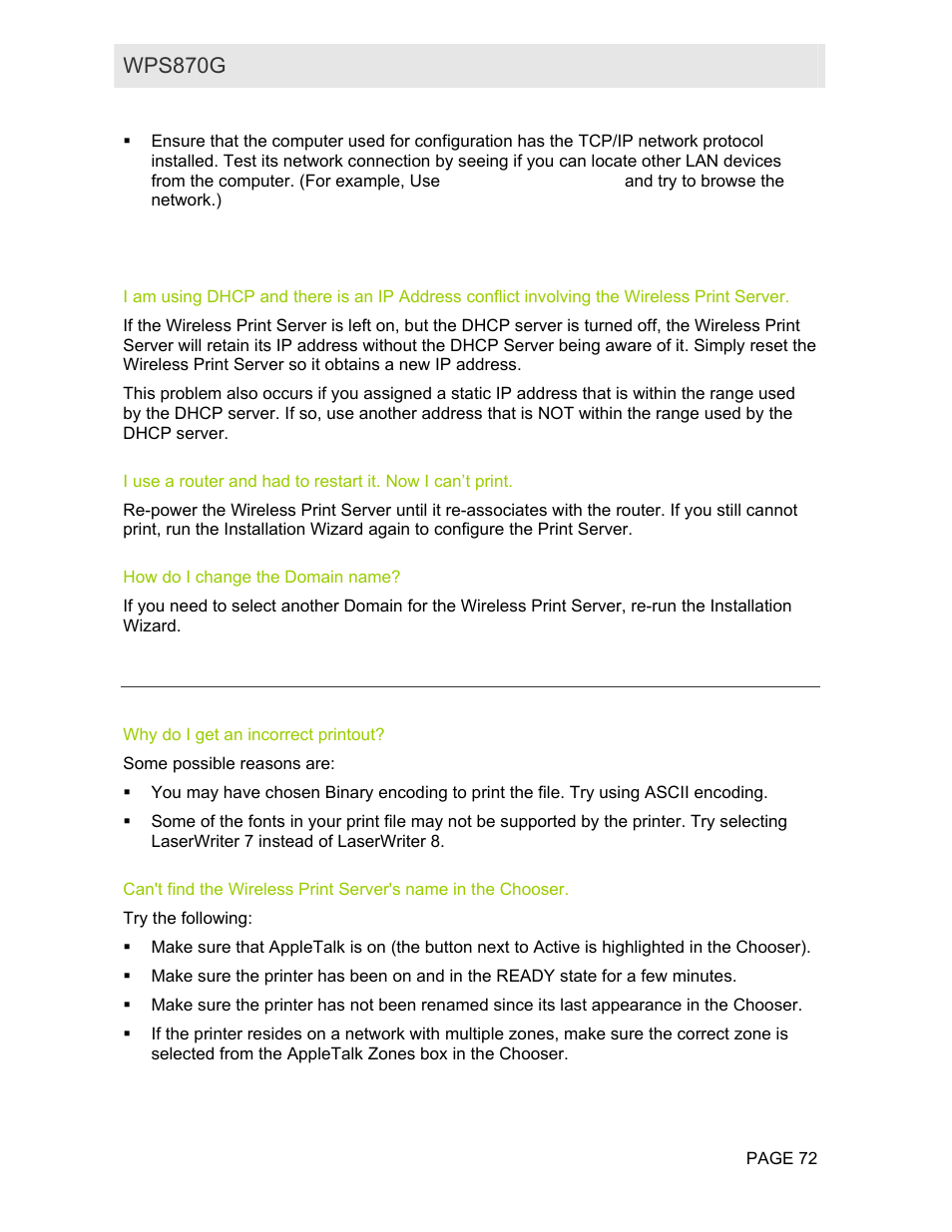 How do i change the domain name, Appletalk (macintosh) solutions, Why do i get an incorrect printout | Wps870g user guide | Motorola WPS870G User Manual | Page 79 / 115