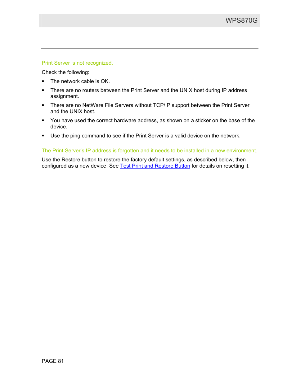 Unix® troubleshooting, Print server is not recognized, Unix | Troubleshooting, User guide wps870g | Motorola WPS870G User Manual | Page 88 / 115
