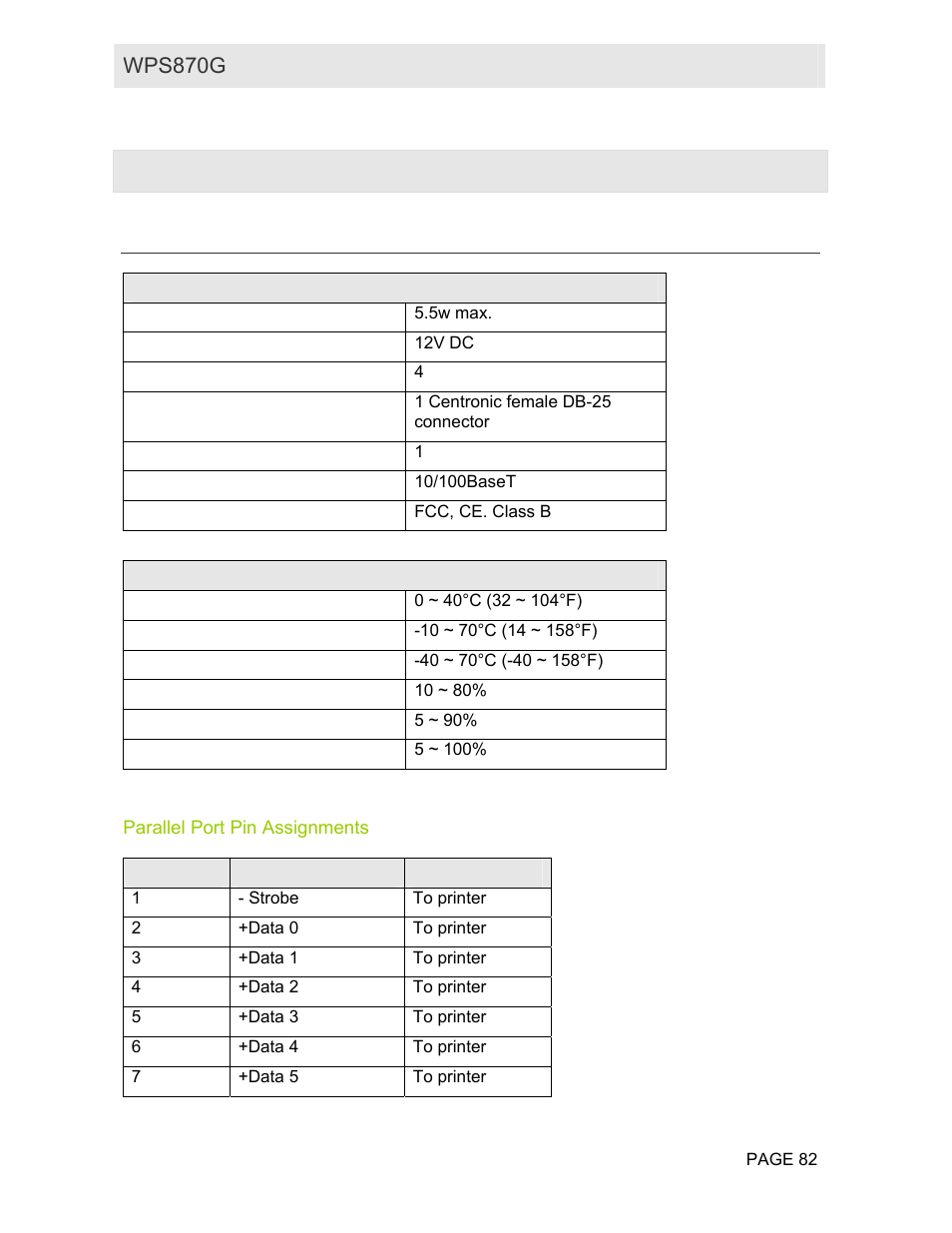 Appendix a: specifications, General specifications, Parallel port pin assignments | Wps870g user guide | Motorola WPS870G User Manual | Page 89 / 115