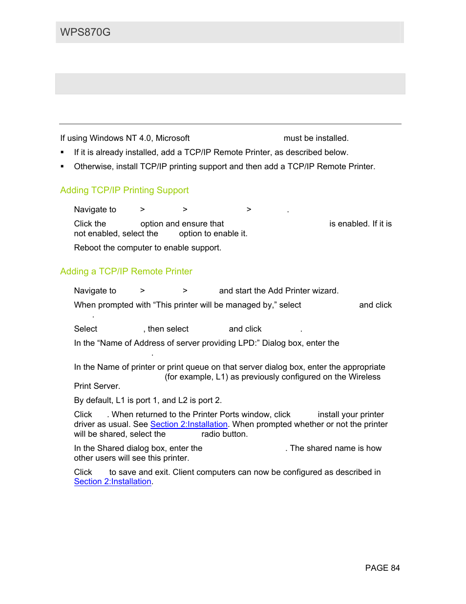 Appendix b: windows server configuration, Windows nt 4.0 server, Adding tcp/ip printing support | Adding a tcp/ip remote printer, Wps870g user guide | Motorola WPS870G User Manual | Page 91 / 115